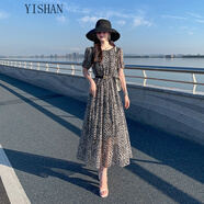毅珊雪紡連衣裙女春夏長(zhǎng)款法式復(fù)古連衣裙女春夏2024新款收腰顯瘦雪紡 黑色 L