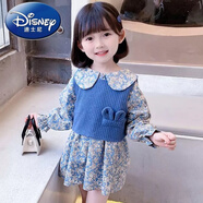 迪士尼（Disney）1-14歲小朋友穿的女童碎花長(zhǎng)袖連衣裙春秋季網(wǎng)紅洋氣裙子女寶寶時(shí) 藍(lán)色連衣裙+馬甲 80