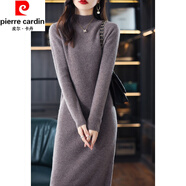 皮爾卡丹（pierre cardin）長款過膝羊毛針織連衣裙女半高領(lǐng)直筒保暖內(nèi)搭加厚長袖毛衣連衣裙 深中駝 M