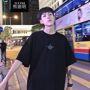 熊迪明純棉短袖t恤男士夏季潮牌上衣服港風(fēng)五分寬松情侶半袖體恤衫班服 三角印花黑色 XL