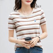 紅粉宣言（HOFESOWEN）條紋T恤女短袖寬松顯瘦2024夏季新款休閑上衣 咖色 L
