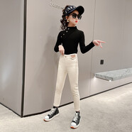 芭梵鼠女童牛仔褲2022春季新款百搭彈力修身小腳褲兒童緊身褲中大童鉛筆褲 米白色 130
