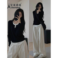 艾美琦美（AIMEIQIMEI）新款牛仔褲衣服女裝假兩件上衣2025新款秋季穿搭套裝氣質(zhì)顯瘦秋裝 黑色套裝 M