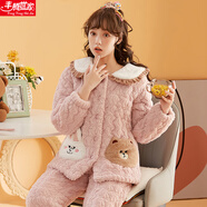 豐騰世家睡衣女士冬季三層加厚夾棉珊瑚絨保暖甜美可愛秋冬款家居服中長款 657粉色 L (建議160-165cm/90-110斤)