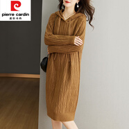 皮爾卡丹（pierre cardin）帶帽針織連衣裙秋冬寬松大尺碼毛衣裙中長(cháng)款高級感衛衣裙遮屁股 卡其色 4XL 【160-175斤】