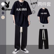 花花公子（PLAYBOY）純棉短袖t恤男套裝2025夏季港風(fēng)搭配帥氣寬松休閑褲男學(xué)生2件套 USUS黑+大繩黑褲+項(xiàng)鏈【一整套】 L【建議100-115斤】