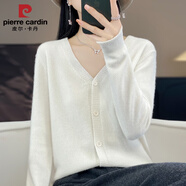 皮爾卡丹100純羊毛開(kāi)衫女V領(lǐng)外搭針織打底衫短款外套秋冬時(shí)尚新款羊毛毛衣 白色 2XL