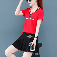 啄木鳥(niǎo)短袖休閑兩件套女士休閑棒球服夏季V領(lǐng)廣場(chǎng)女裝套裝運動(dòng)套裙 紅色 2XL(建議125-140斤)