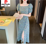 皮爾卡丹2025新款法式方領(lǐng)泡泡袖碎花連衣裙夏季雪紡收腰顯瘦開(kāi)叉長(cháng)裙 奇道藍 L 110-125斤