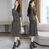 楚馨2026春秋季新款女裝休閑套裝時(shí)尚洋氣顯瘦長(cháng)袖連衣裙中長(cháng)款裙子 灰色 M (90-115斤)