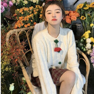 NYCKJKins女裝超火甜美日系重工加厚毛衣軟糯溫柔針織開(kāi)衫夏季寬松外套 米白色 均碼