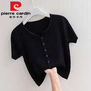皮爾卡丹（pierre cardin）冰絲短袖t恤女2025新款針織衫薄夏季時(shí)尚開衫V領(lǐng)上衣打底衫 黑色【設(shè)計(jì)感小眾】 L