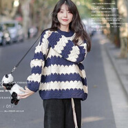 澤攸   小個(gè)子森系少女波浪條紋寬松毛衣女秋冬款復古慵懶風(fēng)套頭針織 毛衣 M
