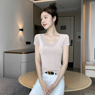 黑色v領(lǐng)短袖t恤女莫代爾冰絲2024新款夏季設(shè)計(jì)感低領(lǐng)修身打底上衣 皮粉色【薄款】 XXL【125-140斤】