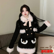 口旋小香風(fēng)毛毛領(lǐng)夾棉加厚毛呢外套女秋冬套裝包臀半身裙短裙子兩件/ 外套+蝴蝶結(jié) S