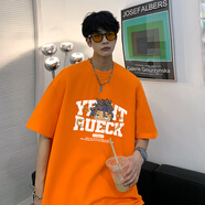 杜小閑 美式潮牌短袖t恤男重磅純棉潮牌衣服印花復古寬松青少年半袖體恤 橘色 S