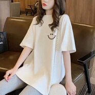 吉莞美純棉短袖t恤女寬松夏季新款中長(cháng)款遮肉顯瘦減齡學(xué)生上衣女裝 中長(cháng)款t恤白色-微笑 均碼  建議80-160斤穿著(zhù)