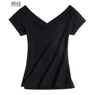 然往 低領(lǐng)短袖T恤女V領(lǐng)修身性感露背大領(lǐng)口上衣新款韓版修身簡(jiǎn)約夏裝 黑色 S