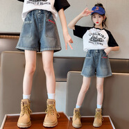 康薇貝女童牛仔短褲夏季薄款兒童休閑褲外穿夏褲6-12歲中大童女孩馬褲 短褲 170 建議體重95左右