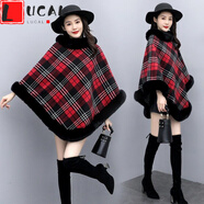 LUCALY斗篷披肩女秋冬款加絨斗篷披肩女短款秋冬季仿皮草時(shí)尚豹紋版加厚保暖披風(fēng)大衣 紅色格子 均碼