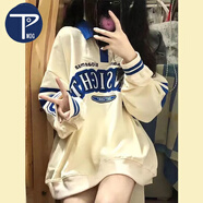 PMOG美式復(fù)古秋冬加絨印花polo衫翻領(lǐng)撞色衛(wèi)衣女寬松BF慵懶風(fēng)厚外套女 杏色[春季薄款] S 適合60-85斤