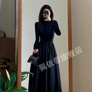 佩依帶雨夕小姐2024法式磨毛薄絨女士半高領(lǐng)長(cháng)袖連衣裙修身內搭赫本風(fēng) 黑色/Black【有口袋】 S