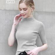 毛衣女2019春秋新款半高領(lǐng)中袖針織衫女歐美套頭五分袖修身緊身打底衫薄 淺灰色 S
