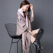 繼方（JIFANG）空調(diào)披肩圍巾兩用女秋冬季刺繡加厚帶袖斗篷媽媽外套婚禮旗袍外搭 卡其+粉