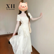 汐菡（XIHAN）法式連衣裙方領(lǐng)白色裙子夏天女裝2024夏季新款少女感微胖衣服長裙 潮流韓版米白色 均碼(可備注碼數(shù))