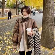 熒蒂韓版寬松仿羊羔毛外套女加厚皮毛一體機車皮衣2025冬季新款短棉服 咖色1 M (建議105-115斤）