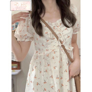 與欣夏季短袖女生法式碎花連衣裙子夏天高中生初中學(xué)生少女夏甜美收腰顯瘦設(shè)計(jì)感小眾初戀小個(gè)子泡泡袖長裙 白色 M