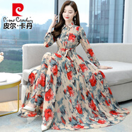 皮爾卡丹（pierre cardin）雪紡長(zhǎng)袖連衣裙女春秋裝2025年新款顯瘦大擺長(zhǎng)裙到腳踝超長(zhǎng)款氣質(zhì) 紅色 3XL