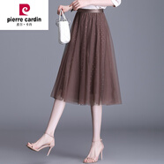 皮爾卡丹（pierre cardin）網(wǎng)紗半身裙女夏季2022小個(gè)子裙子春秋中長(cháng)款a字百褶紗裙顯瘦 咖啡色 星星網(wǎng)紗    68cm 均碼