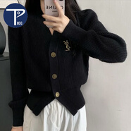 PMOG紅色短款毛衣外套女小個子百搭修身顯瘦長袖v領秋冬正肩針織開衫 黑色  S