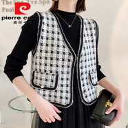 皮爾卡丹（pierre cardin）小香風(fēng)黑色打底針織連衣裙女秋冬修身顯瘦純色百搭網(wǎng)紗拼接毛衣裙 小方格馬甲白色 均碼 85-135斤