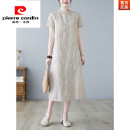 皮爾卡丹（pierre cardin）棉麻連衣裙2025新款夏新中式國風(fēng)旗袍亞麻苧麻女裝 米白色 2XL 130-145斤