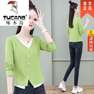 啄木鳥(niǎo)假兩件上衣長(cháng)袖T恤打底衫女新款領(lǐng)修身顯瘦2025年外穿短款春夏裝 綠色 L _建議101-115斤
