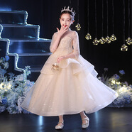 兒童主持人禮服女公主裙生日花童蓬蓬紗走秀晚禮服女孩鋼琴演出服 花童禮服女 香檳色帶袖款 160cm 身高150-160 體重75-85斤