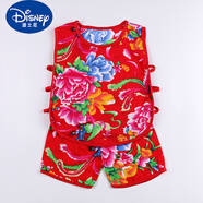 迪士尼（DISNEY）夏季棉綢兒童睡衣嬰兒背心男童馬甲兒童琵琶服短褲兩件套裝家居服 紅色 牡丹琵琶套 80 cm
