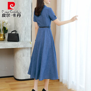 皮爾卡丹高檔女裝高端夏季棉連衣裙子女裝夏裝2025年新款收腰氣質(zhì)薄款 牛仔藍(lán) M