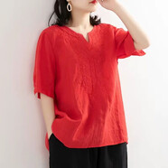 檸清研純棉t恤女V領(lǐng)刺繡棉麻文藝寬松套頭夏季短袖新款繡花上衣 大紅色 3XL建議（148-165斤）
