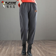 啄木鳥(niǎo)大碼女士運動(dòng)褲秋冬款加絨加厚束腳衛褲高腰寬松顯痩休閑褲子女士 灰色(衛褲)春秋 L 建議105-120斤