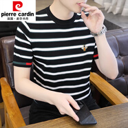 皮爾卡丹（pierre cardin）高級感小蜜蜂刺繡條紋針織t恤男夏裝薄冰絲透氣短袖上衣彈力體恤T LSD-LDQS761黑白條紋 2XL