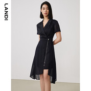 LANDI黑色西服領(lǐng)不對(duì)稱網(wǎng)紗連衣裙女年春夏新款短袖裙子 黑色 M