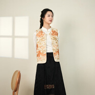 布符布符冬季新款花開富貴重工刺繡馬甲一字盤扣日常保暖女裝 夢白 L