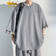 金盾 新款2023夏款港風(fēng)大碼翻邊格子半袖男休閑華夫格五分袖寬松T恤男 灰色 M