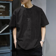 依男說(shuō)衣美式復古重磅麂皮絨短袖t恤男寬松半袖圓領(lǐng)T恤夏季大碼垂感體恤 炭黑色 S 【尺碼偏大100-140斤】