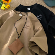OEMG 刺繡重磅短袖t恤男夏季美式復(fù)古男款衣服潮牌半袖情侶百搭體恤衫 卡其色 XL [建議120-135斤]