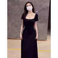 妍莉芬（yanlifen）白色吊帶連衣裙子女2025夏季新款法式茶歇小個子初戀收腰a字長裙 黑色短袖 XL 【121-135斤】