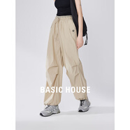 BASIC HOUSE/百家好運(yùn)動(dòng)休閑闊腿褲女2024夏季新款輕薄顯高束腳傘兵工裝褲女 豆綠 M